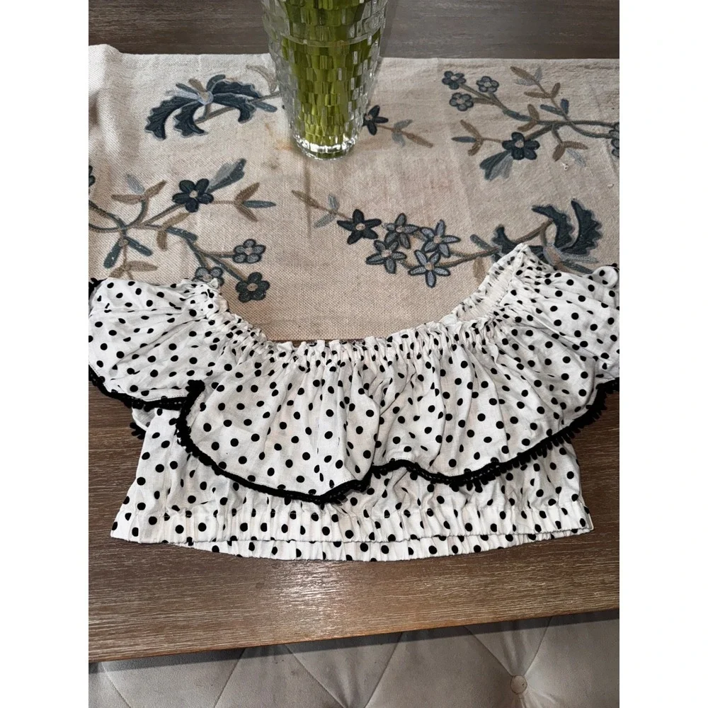 Suboo Polka Dot Crop Top Off Shoulder Ruffle Trim White Black XL - Picture 3 of 9